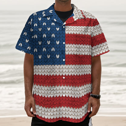 American Flag Knitted Print Textured Short Sleeve Shirt