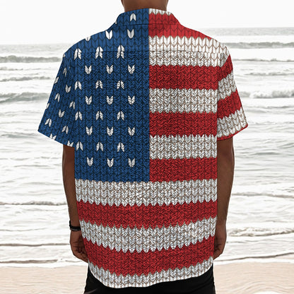 American Flag Knitted Print Textured Short Sleeve Shirt