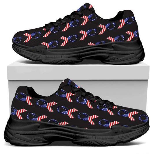 American Flag Ribbon Pattern Print Black Chunky Shoes