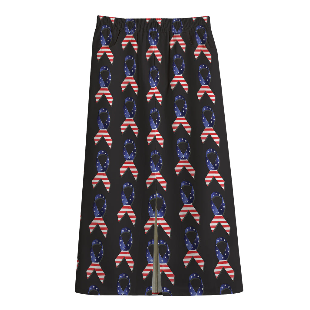 American Flag Ribbon Pattern Print Cotton Front Slit Maxi Skirt