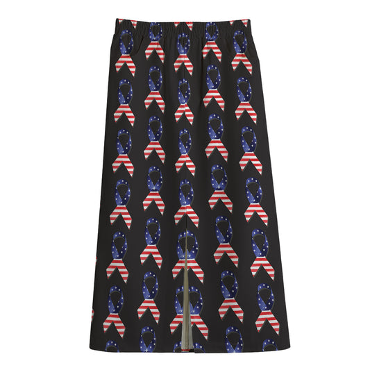 American Flag Ribbon Pattern Print Cotton Front Slit Maxi Skirt