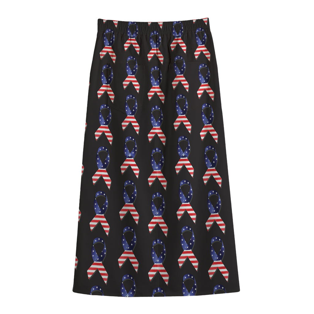 American Flag Ribbon Pattern Print Cotton Front Slit Maxi Skirt