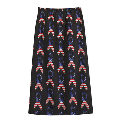 American Flag Ribbon Pattern Print Cotton Front Slit Maxi Skirt