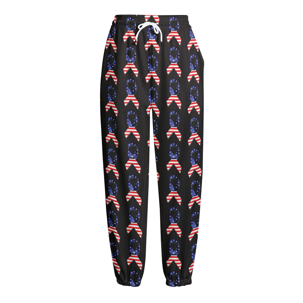 American Flag Ribbon Pattern Print Fleece Lined Knit Pants