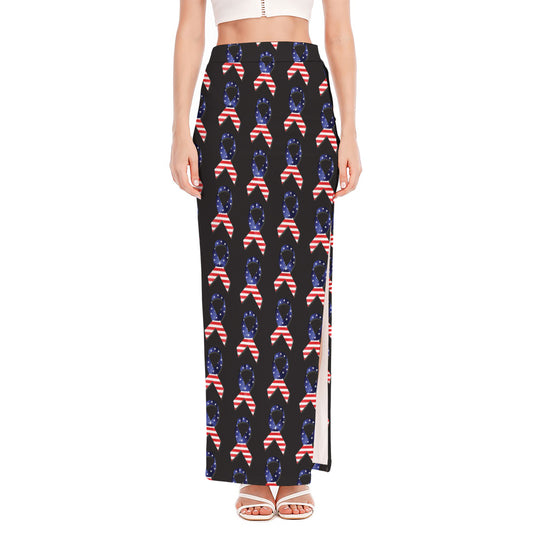 American Flag Ribbon Pattern Print High Slit Maxi Skirt
