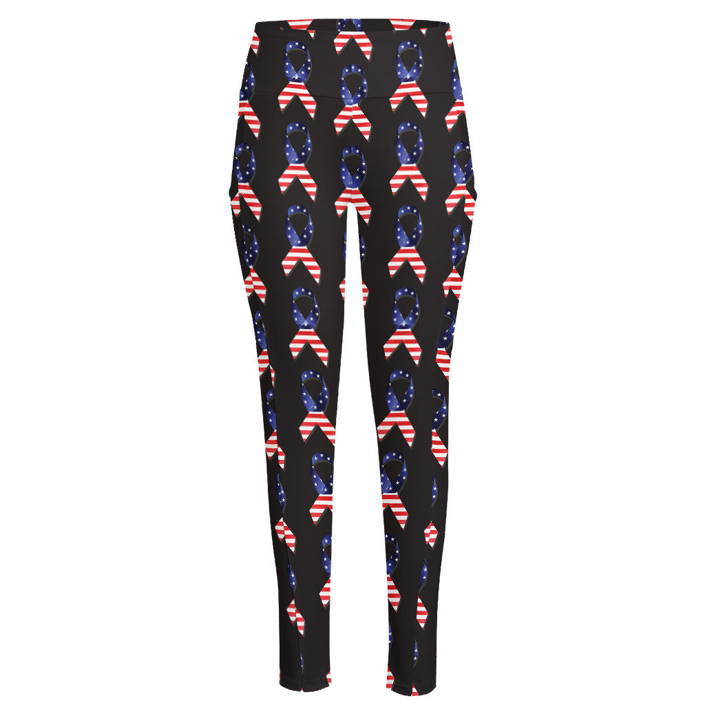 American Flag Ribbon Pattern Print High-Waisted Pocket Leggings