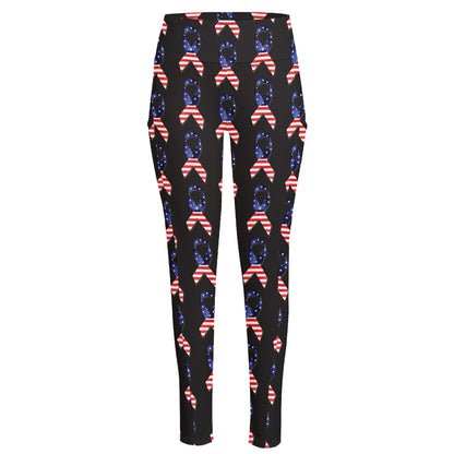 American Flag Ribbon Pattern Print High-Waisted Pocket Leggings
