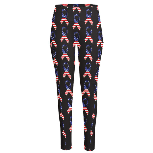 American Flag Ribbon Pattern Print High-Waisted Pocket Leggings