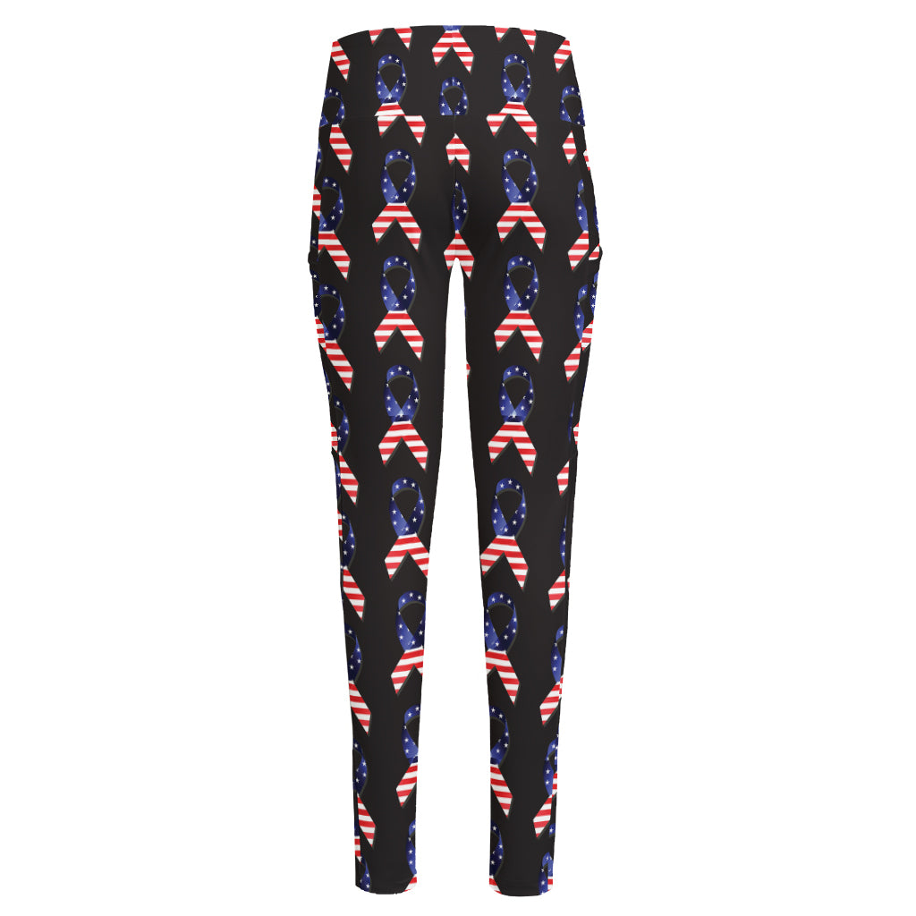 American Flag Ribbon Pattern Print High-Waisted Pocket Leggings