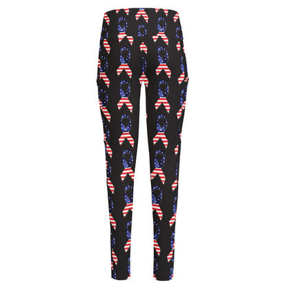American Flag Ribbon Pattern Print High-Waisted Pocket Leggings