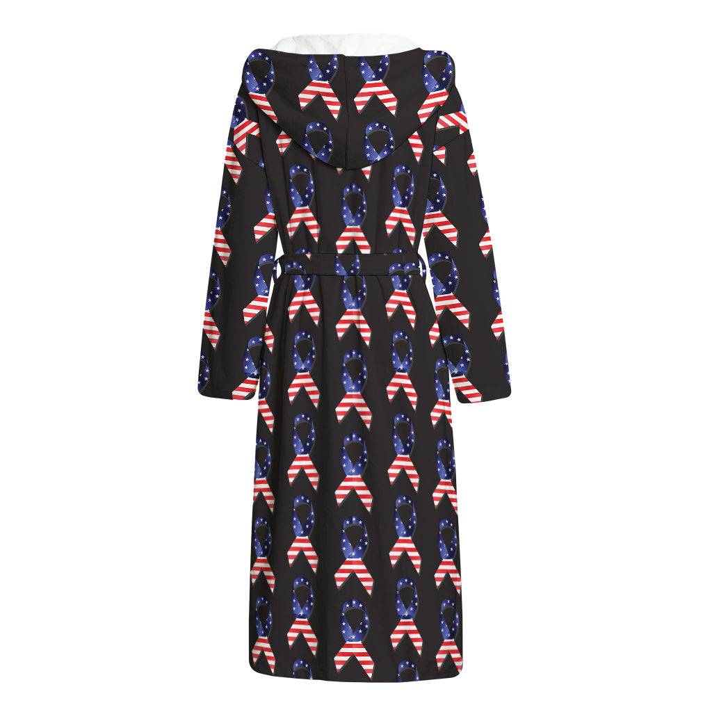 American Flag Ribbon Pattern Print Hooded Bathrobe