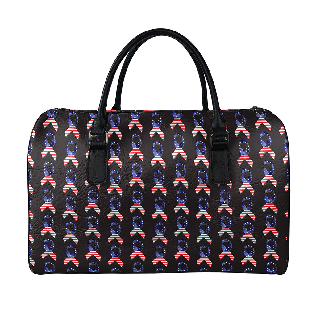 American Flag Ribbon Pattern Print Leather Duffle Bag