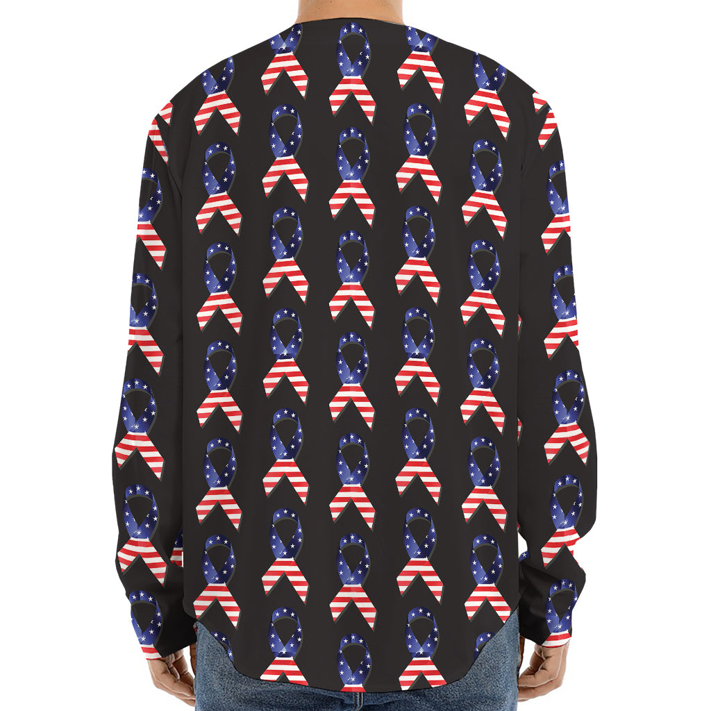 American Flag Ribbon Pattern Print Long Sleeve Baseball Jersey
