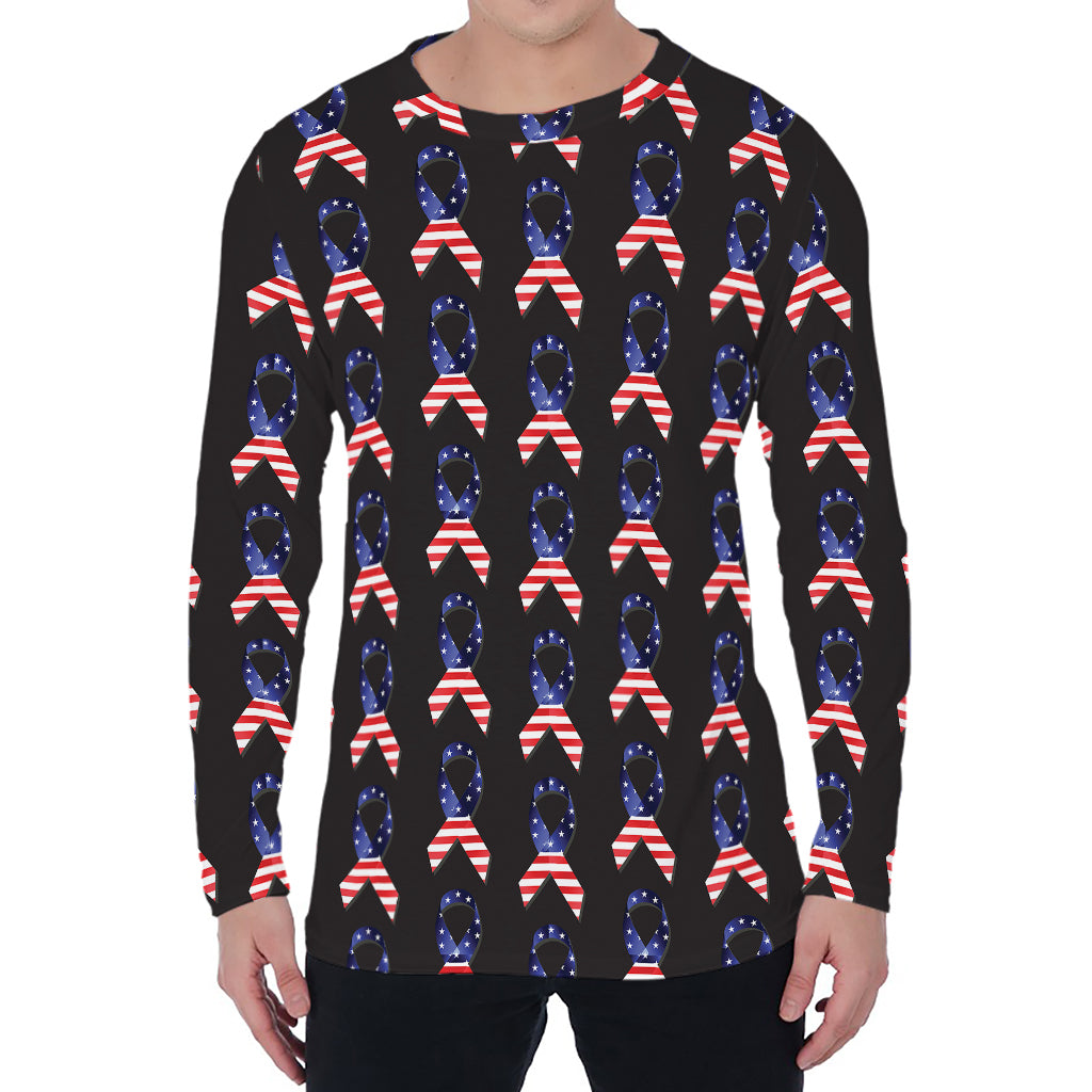 American Flag Ribbon Pattern Print Men's Long Sleeve T-Shirt