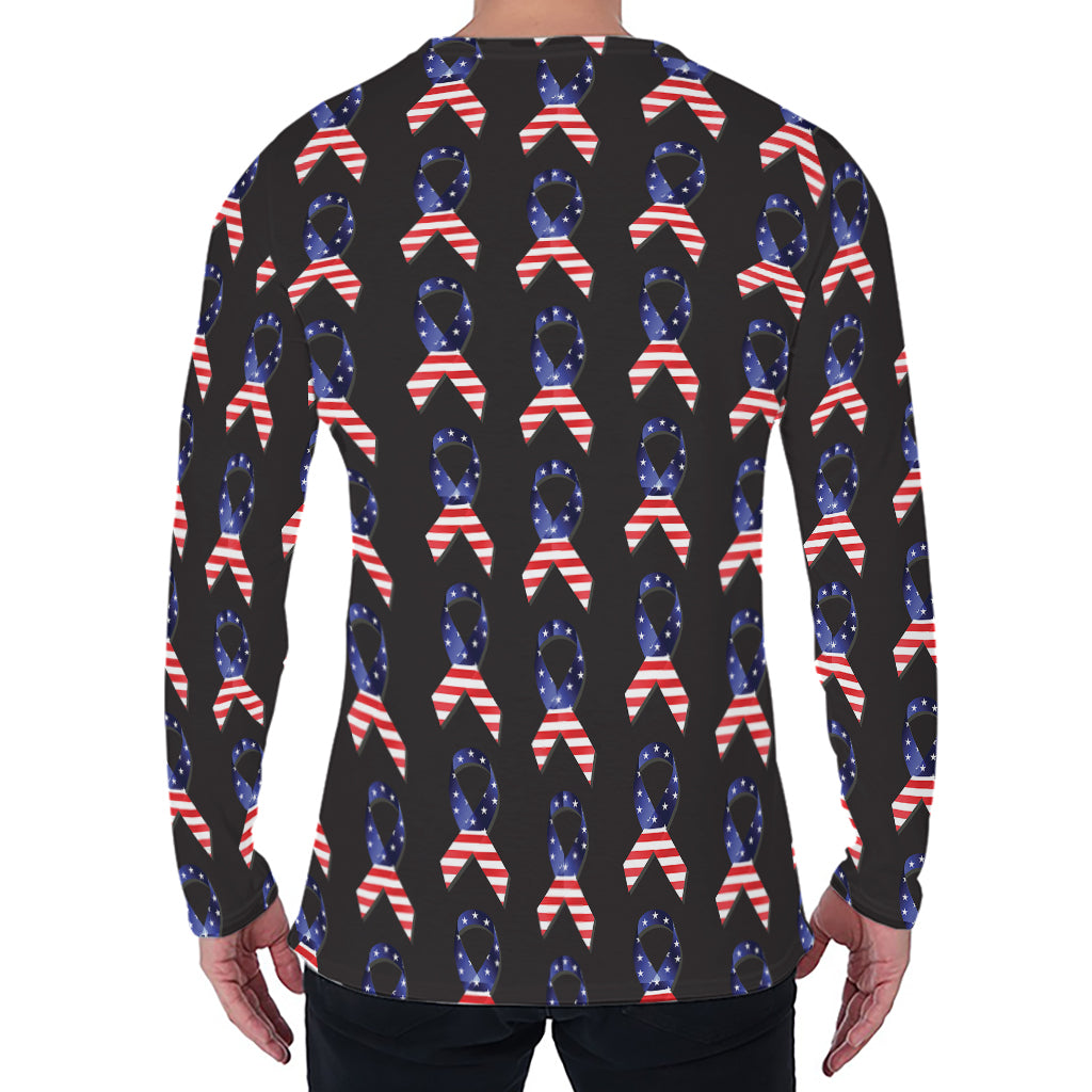 American Flag Ribbon Pattern Print Men's Long Sleeve T-Shirt