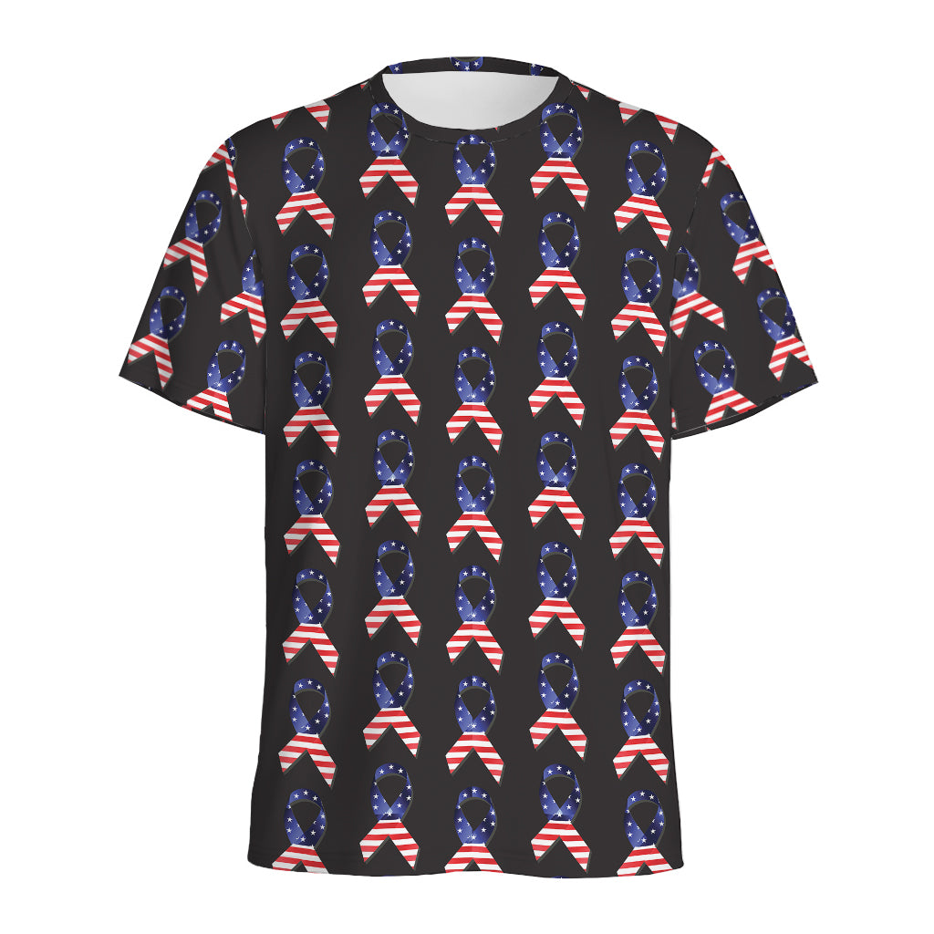 American Flag Ribbon Pattern Print Men's Sports T-Shirt