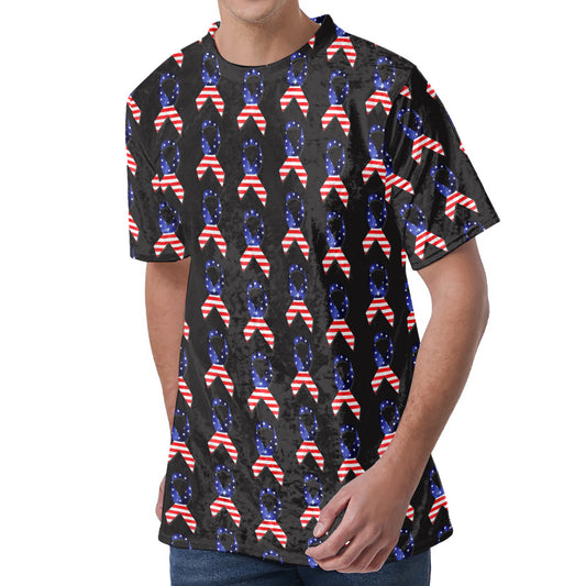 American Flag Ribbon Pattern Print Men's Velvet T-Shirt