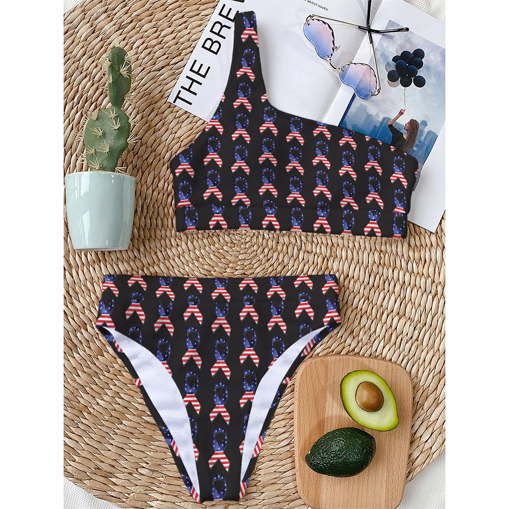 American Flag Ribbon Pattern Print One Shoulder Bikini Top