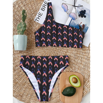 American Flag Ribbon Pattern Print One Shoulder Bikini Top