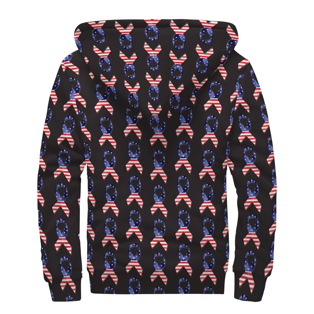 American Flag Ribbon Pattern Print Sherpa Lined Zip Up Hoodie