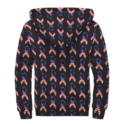 American Flag Ribbon Pattern Print Sherpa Lined Zip Up Hoodie