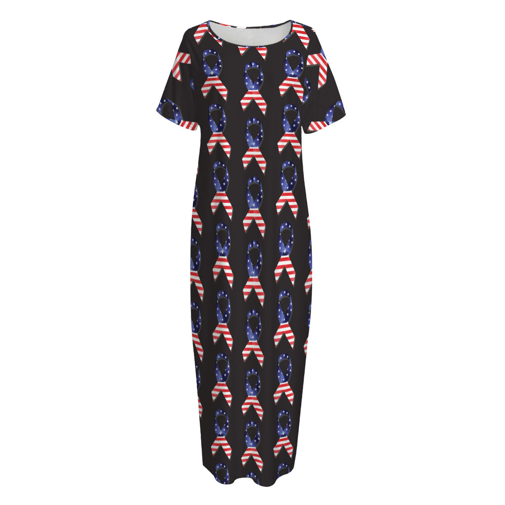 American Flag Ribbon Pattern Print Short Sleeve Long Nightdress