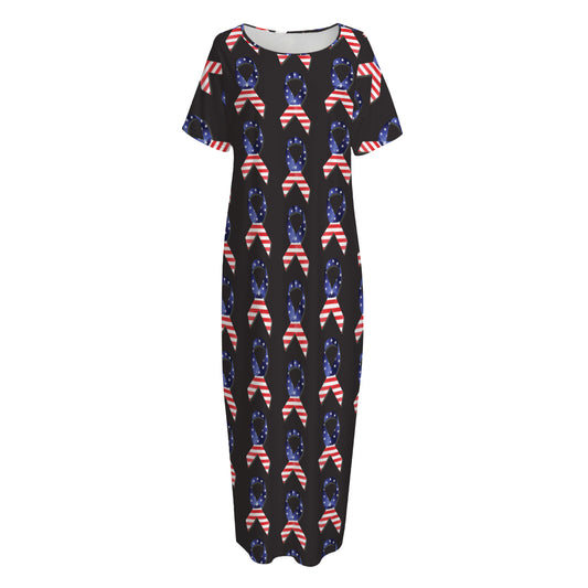 American Flag Ribbon Pattern Print Short Sleeve Long Nightdress