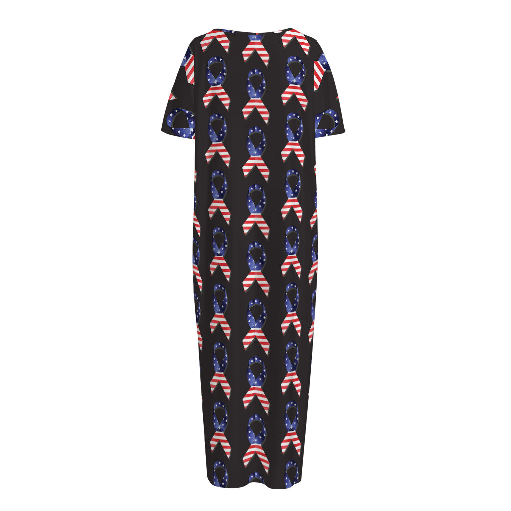 American Flag Ribbon Pattern Print Short Sleeve Long Nightdress