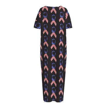 American Flag Ribbon Pattern Print Short Sleeve Long Nightdress