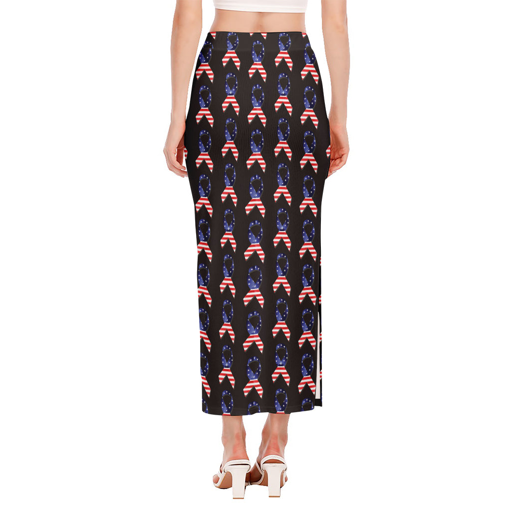 American Flag Ribbon Pattern Print Side Slit Maxi Skirt