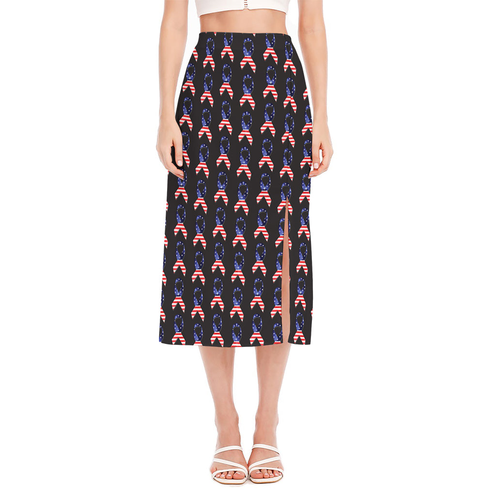 American Flag Ribbon Pattern Print Side Slit Midi Skirt