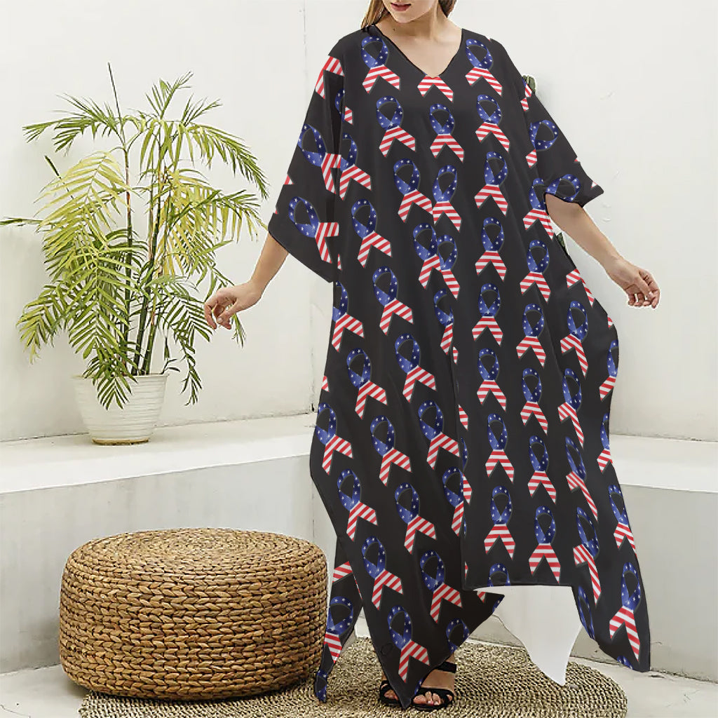 American Flag Ribbon Pattern Print Silk V-Neck Kaftan Dress