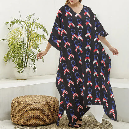 American Flag Ribbon Pattern Print Silk V-Neck Kaftan Dress