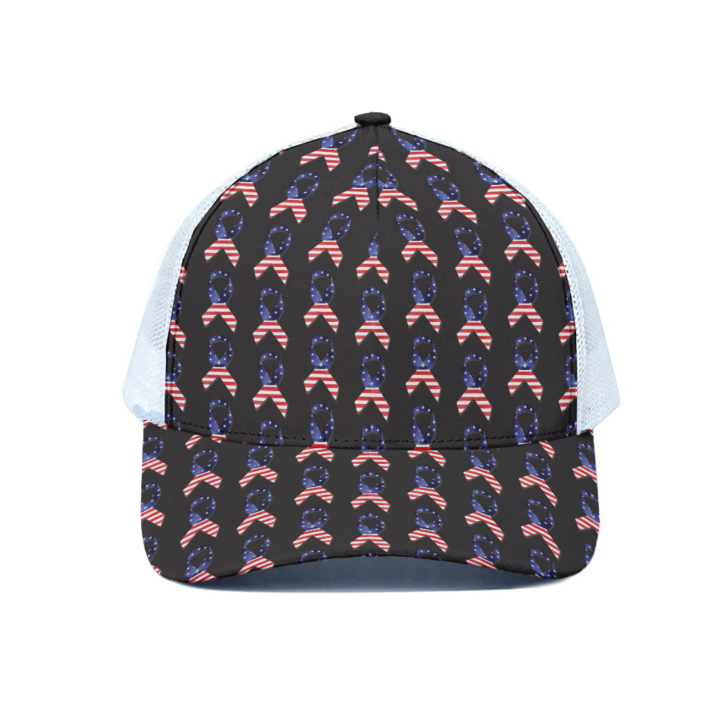 American Flag Ribbon Pattern Print White Mesh Trucker Cap