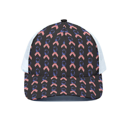 American Flag Ribbon Pattern Print White Mesh Trucker Cap