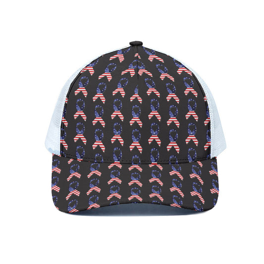 American Flag Ribbon Pattern Print White Mesh Trucker Cap