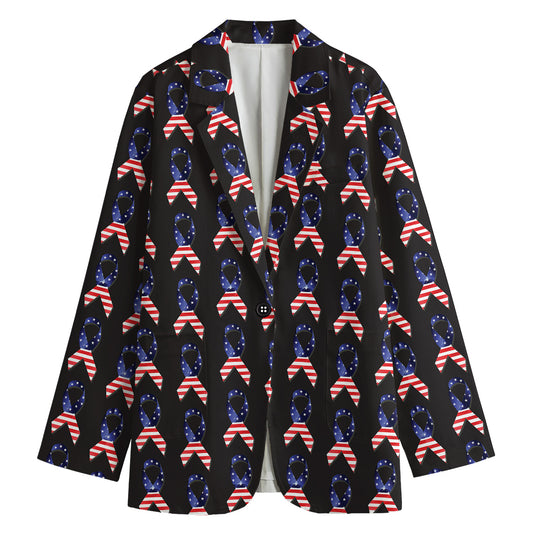American Flag Ribbon Pattern Print Women's Cotton Blazer
