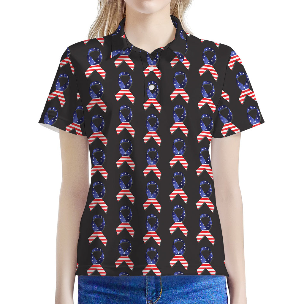 American Flag Ribbon Pattern Print Women's Polo Shirt