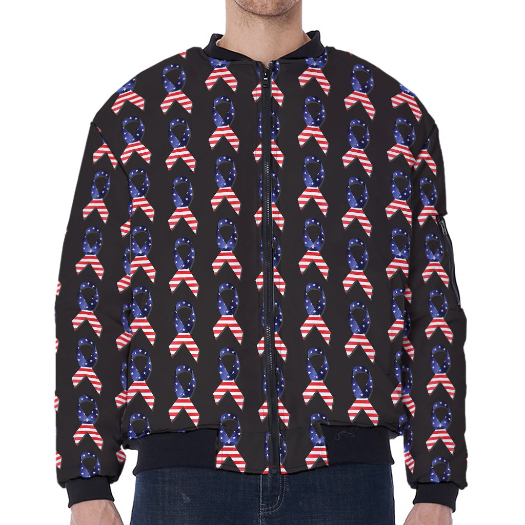 American Flag Ribbon Pattern Print Zip Sleeve Bomber Jacket