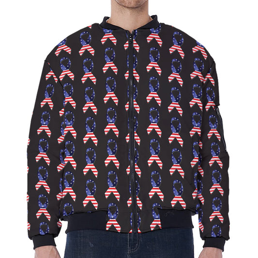American Flag Ribbon Pattern Print Zip Sleeve Bomber Jacket