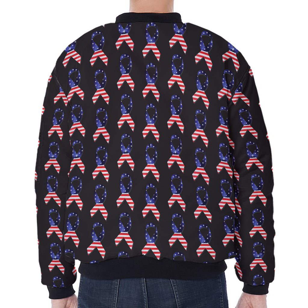 American Flag Ribbon Pattern Print Zip Sleeve Bomber Jacket