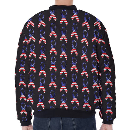 American Flag Ribbon Pattern Print Zip Sleeve Bomber Jacket