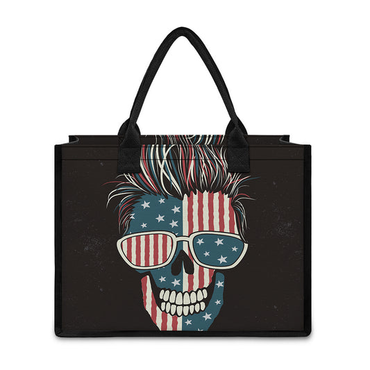 American Flag Skull Print Canvas Tote Bag