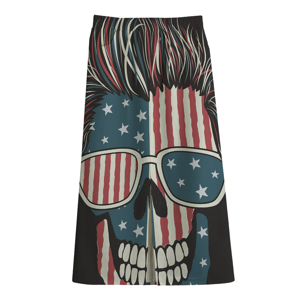American Flag Skull Print Cotton Front Slit Maxi Skirt