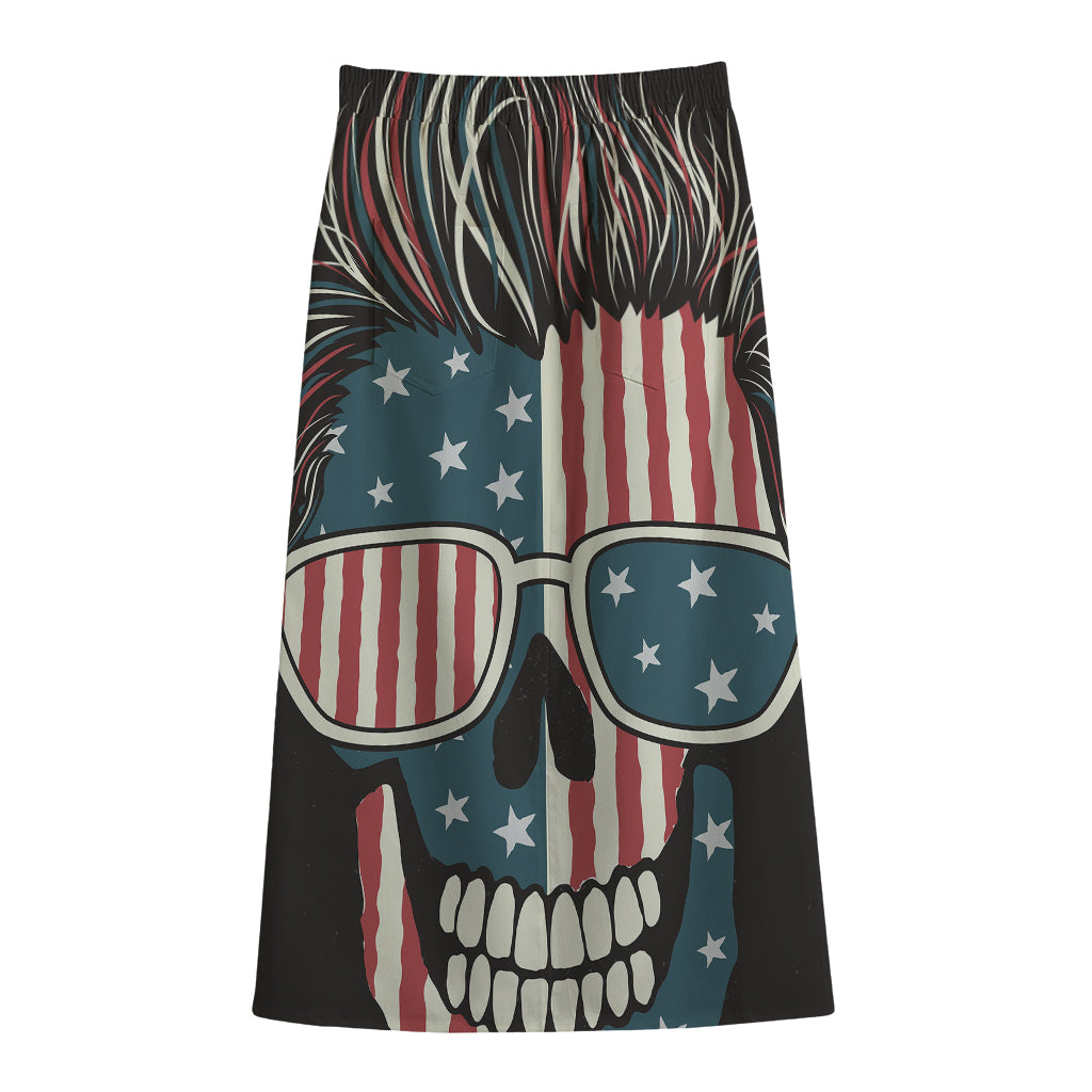 American Flag Skull Print Cotton Front Slit Maxi Skirt
