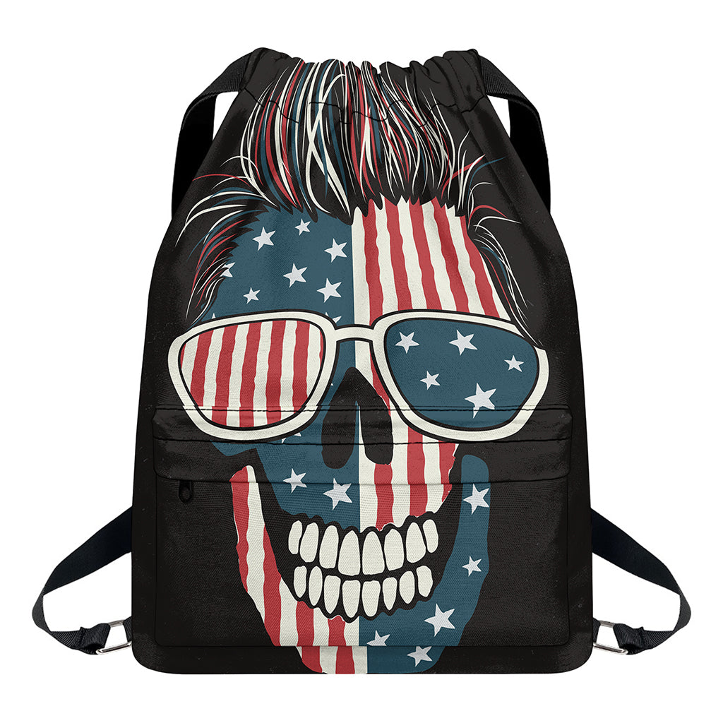 American Flag Skull Print Drawstring Backpack