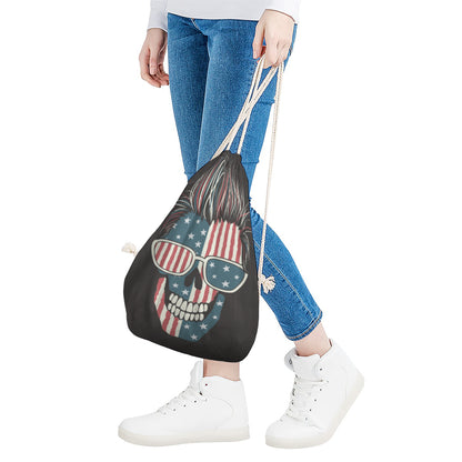 American Flag Skull Print Drawstring Bag