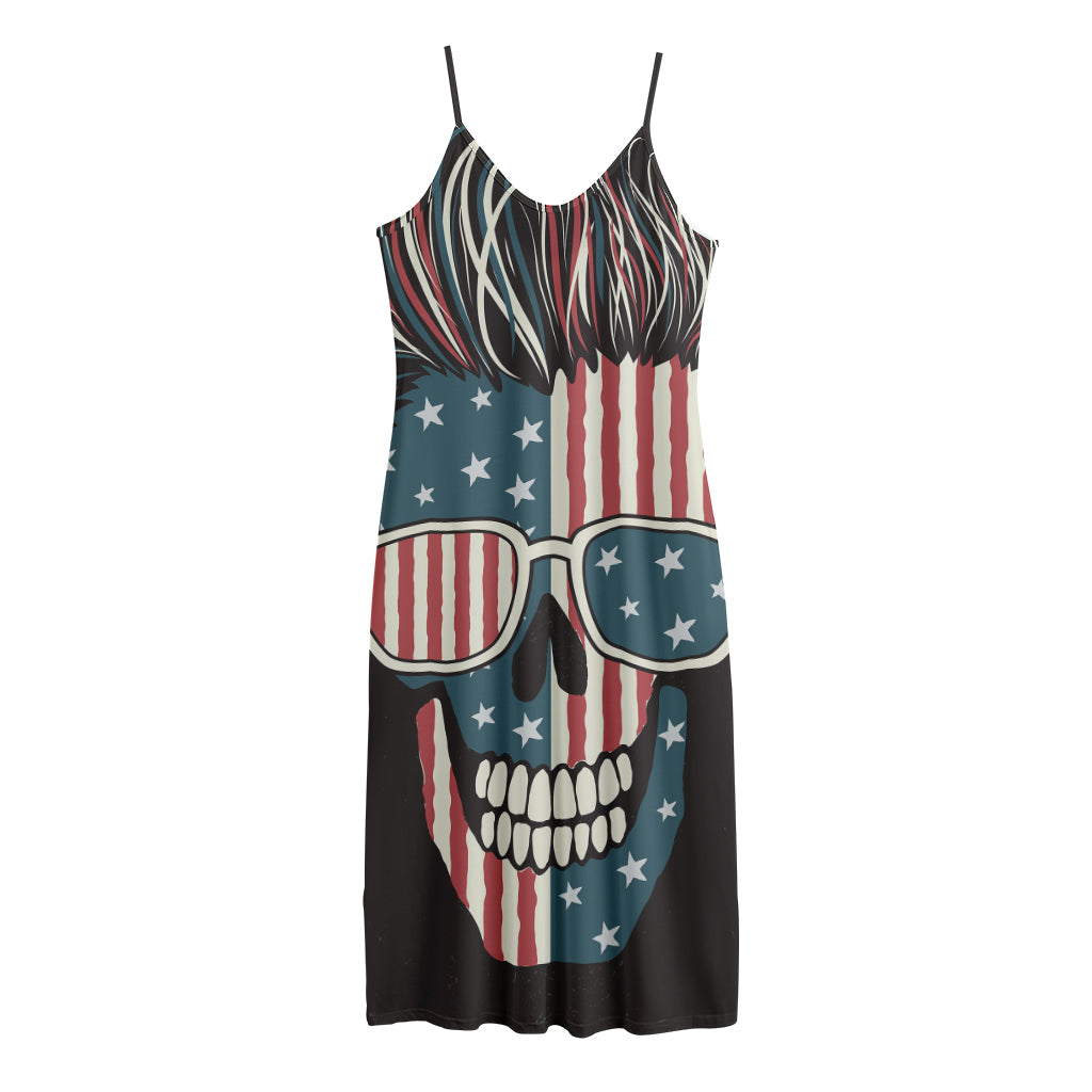 American Flag Skull Print Jersey Midi Cami Dress