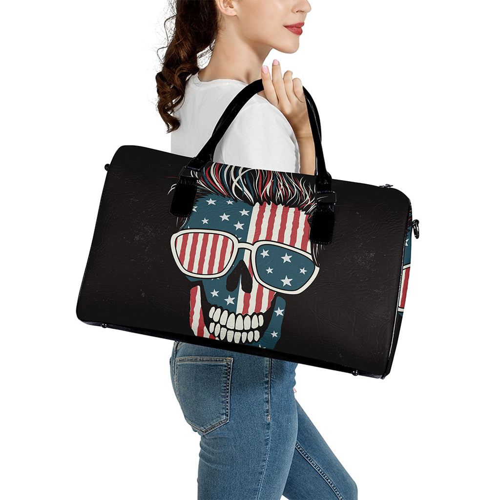 American Flag Skull Print Leather Duffle Bag