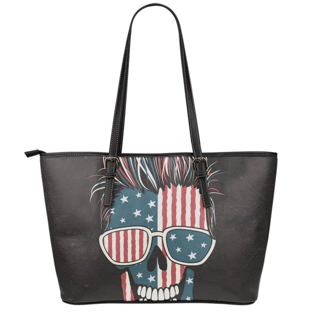 American Flag Skull Print Leather Tote Bag